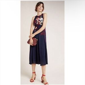 Anthropologie Dress Sz 6P Tanzine Navy Blue Floral Embroidered Midi Sleeveless